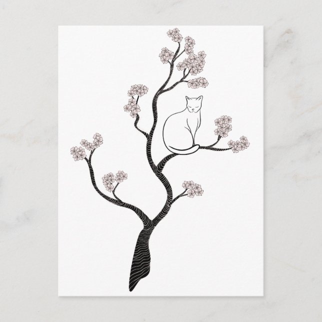 Carte Postale Chat dans l'arbre en fleurs de cerisiers (Devant)