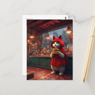 Carte Postale Chat dans un manteau rouge avec un cheeseburger