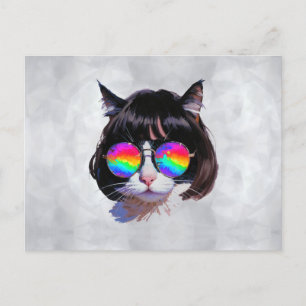 Carte Postale Chat dans une perruque + Lunettes de soleil (Peint