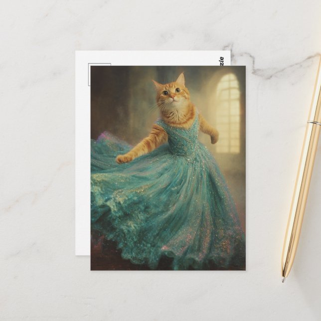 Carte Postale Chat dans une robe bleue et la danse (Devant/Arrière en situation)