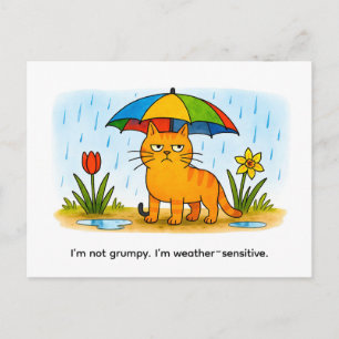 Carte Postale Chat de dessin animé mignon debout sous un paraplu