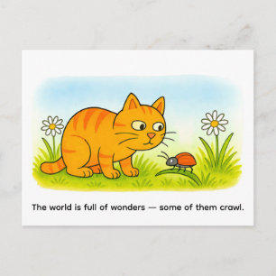 Carte Postale Chat de dessin animé mignon regardant une coccinel