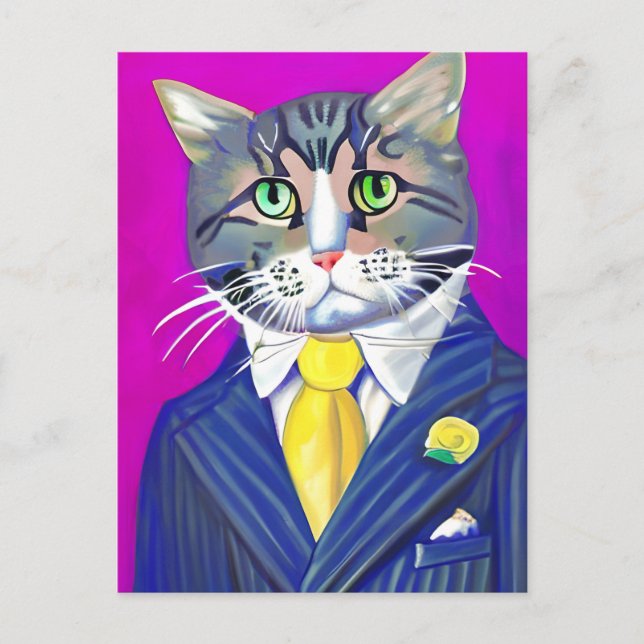 Carte Postale Chat de gentillesse en costume et en Cravate (Devant)
