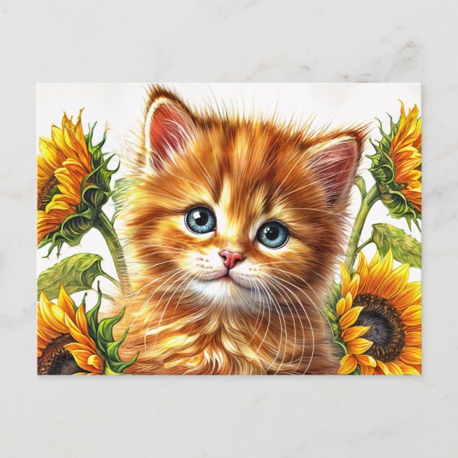 Carte Postale Chat De Gingembre Avec Fleurs De Soleil Aquarelle (Devant)