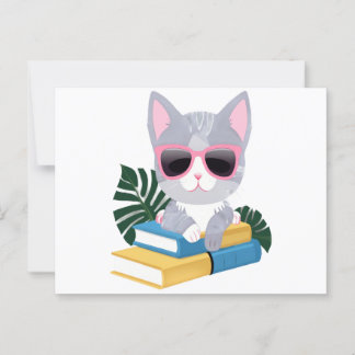 Carte Postale Chat de livre mignon avec lunettes roses - Kawaii 