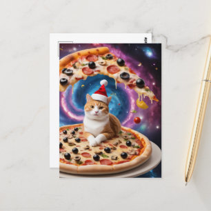 Carte Postale Chat de Noël à la pizza de Noël