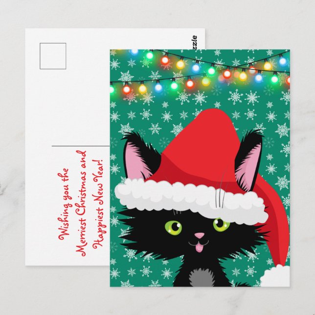 Carte Postale Chat de Noël avec Snowflakes et lumières de Santa  (Devant / Derrière)