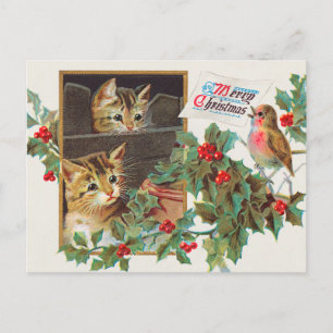 Carte Postale Chat De Noël Vintage Et Berry Holly