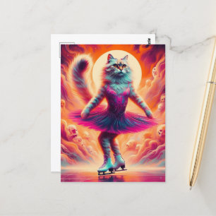 Carte Postale Chat de patinage sur glace adorable en rose