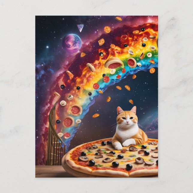 Carte Postale Chat de pizza drôle dans l'espace Escaliers Arc-en (Devant)