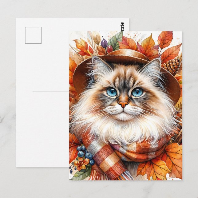 Carte Postale Chat De Poupée En Écharpe D'Automne Avec Feuilles  (Devant / Derrière)