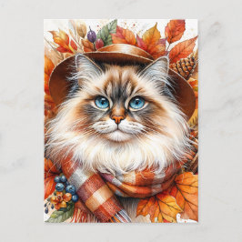 Carte Postale Chat De Poupée En Écharpe D'Automne Avec Feuilles 