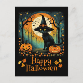 Carte Postale Chat de sorcière noire Halloween et Citrouille de