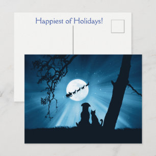 Carte Postale Chat de vacances Chien et Père Noël