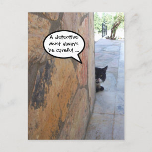 Carte Postale CHAT DÉTECTIVE DERRIÈRE LE MUR DE PIERRE / Fête de
