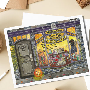 Carte Postale Chat d'Halloween et Boutique de livres