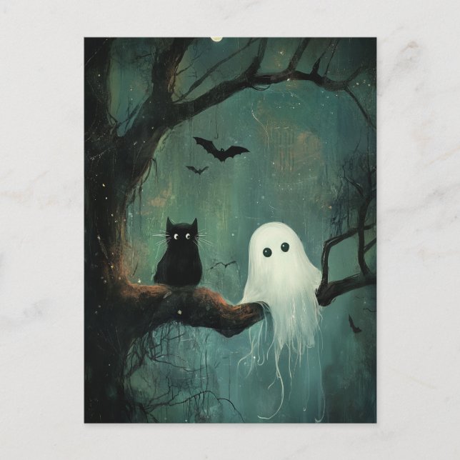 Carte Postale Chat d'Halloween et fantôme (Devant)