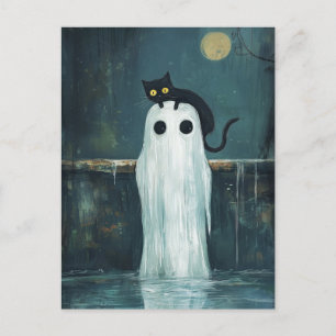 Carte Postale Chat d'Halloween et fantôme dans la piscine
