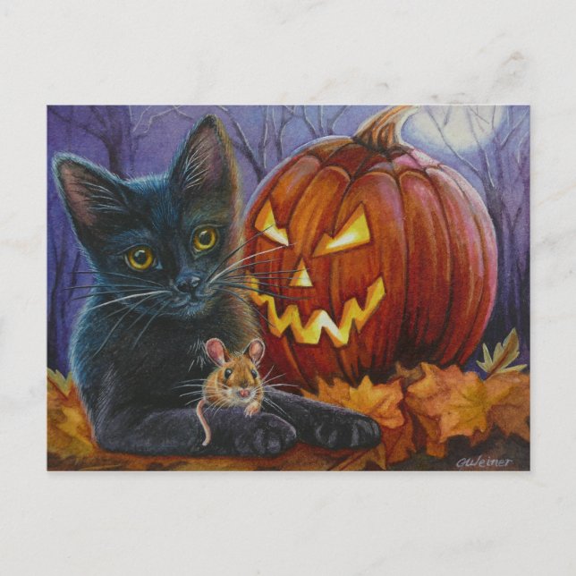Carte Postale Chat d'Halloween et souris n° 2 Aquarelle Art (Devant)