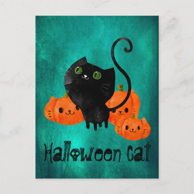 Carte Postale Chat d'Halloween mignon avec citrouilles (Devant)