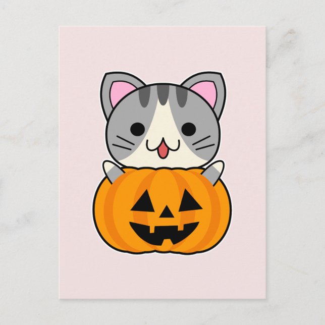 Carte Postale Chat d'Halloween mignonne à Jack-o'-lantern (Devant)