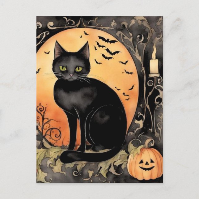 Carte Postale Chat d'Halloween noir Aquarelle (Devant)