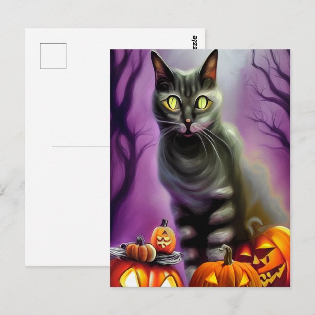 Carte Postale Chat d'Halloween noir et Citrouilles sculptés (Devant / Derrière)