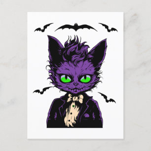 Carte Postale Chat d'Halloween violet avec chauves-souris