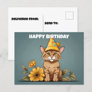 Carte Postale Chat doré asiatique portant un chapeau d'anniversa
