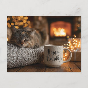 Carte Postale Chat dormant à côté d'une tasse "Joyeuses Fêtes"