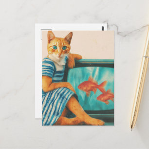 Carte Postale Chat drôle avec collage rétro de poisson rouge