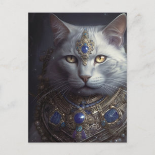 Carte Postale Chat en bleu et or Armure