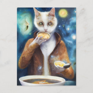 Carte Postale Chat en combinaison de jumelage manger soupe IA pr