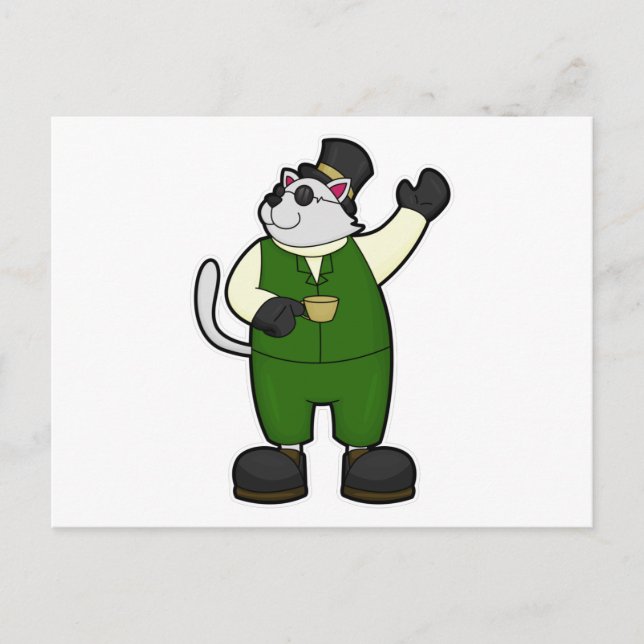 Carte Postale Chat en marié avec café et chapeau (Devant)