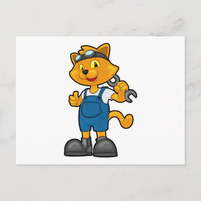 Carte Postale Chat en mécanicien avec clé (Devant)