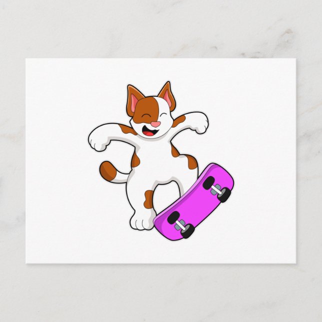 Carte Postale Chat en patineur avec planche à roulettes (Devant)