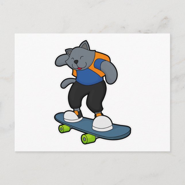 Carte Postale Chat en tant que Skateboardeur avec Skateboard (Devant)