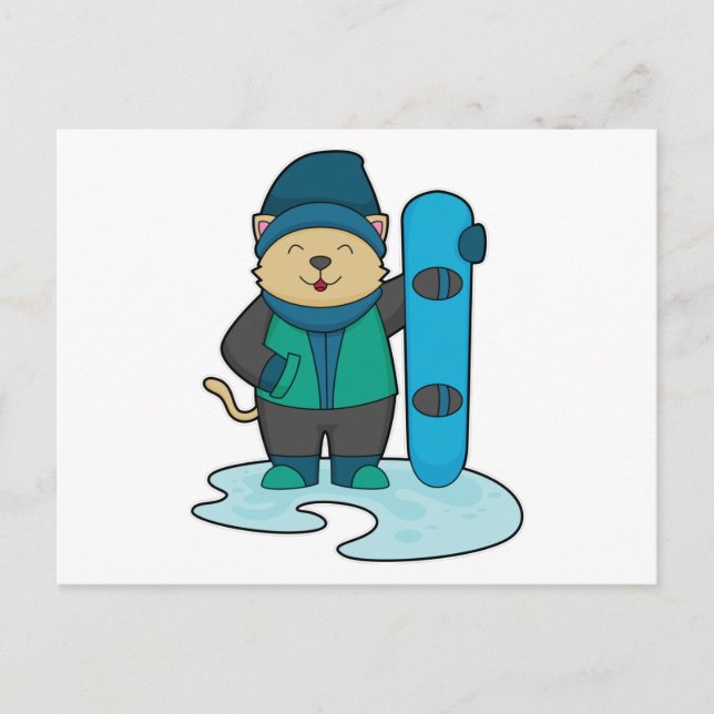 Carte Postale Chat en tant que snowboardeur avec planche à neige (Devant)
