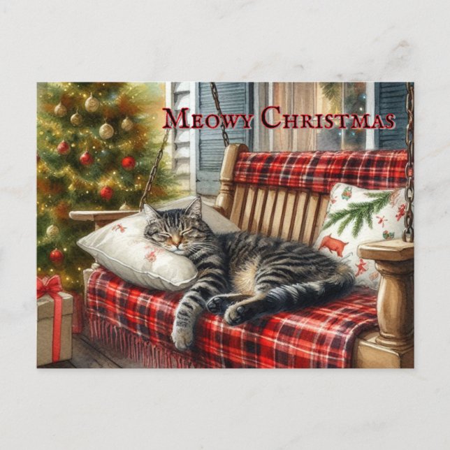 Carte Postale Chat endormi et sapin de Noël  (Devant)