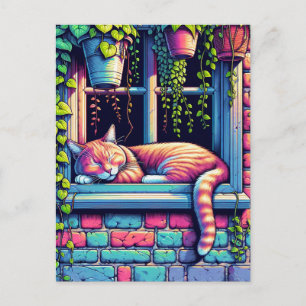 Carte Postale Chat endormi sur un rebord de fenêtre - Art IA