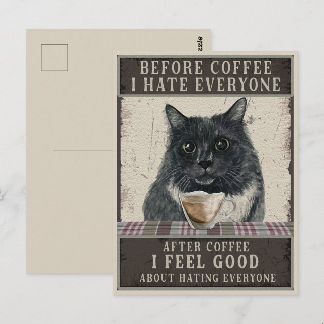 Carte Postale Chat et café Sarcastique noir Vintage (Devant / Derrière)