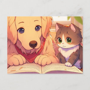 Carte Postale Chat et chien lisant un livre