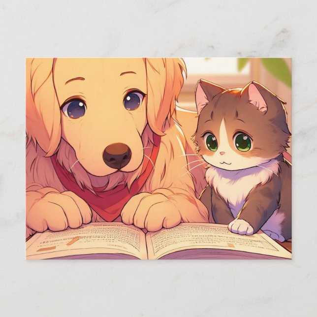 Carte Postale Chat et chien lisant un livre (Devant)
