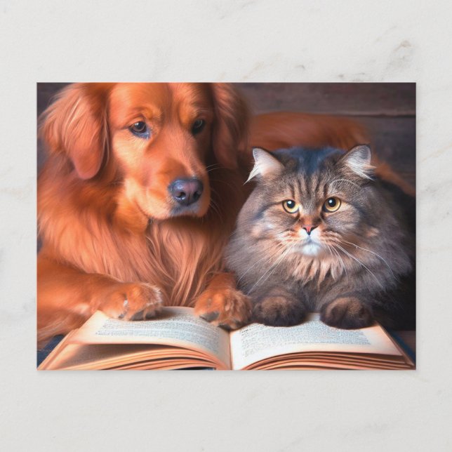 Carte Postale Chat et chien lisant un livre (Devant)