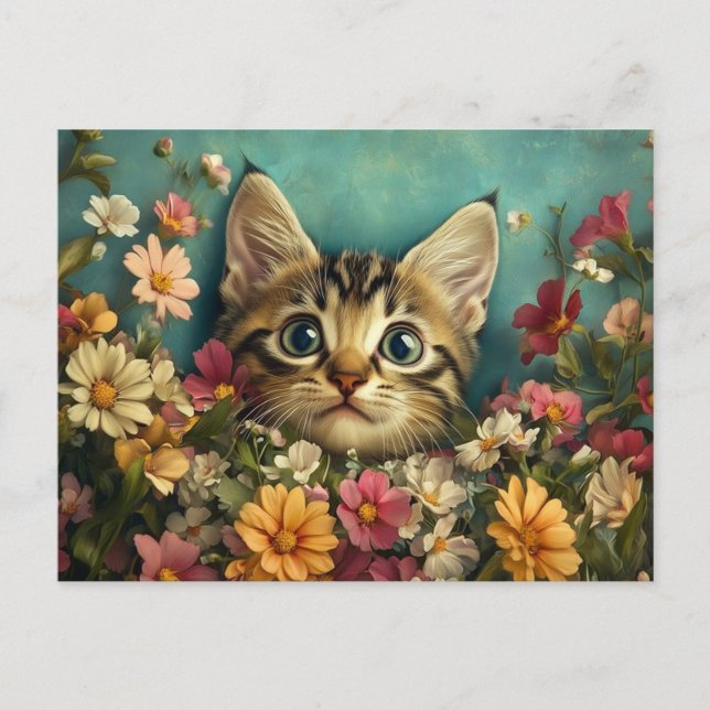 Carte Postale Chat et fleurs (Devant)