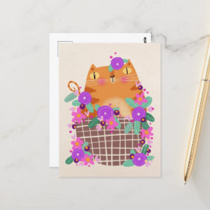 Carte Postale Chat et fleurs orange