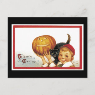 Carte Postale Chat et garçon noirs d'Halloween