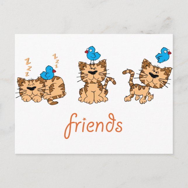 Carte Postale Chat et oiseau - amis (Devant)