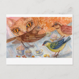 Carte Postale Chat et oiseaux