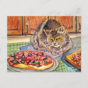 Carte Postale Chat et pizza